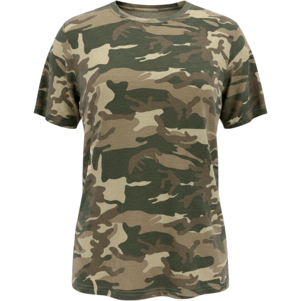 Democracy T-Shirt Women 2X Green Camo Short Sleeve Tencel Blend Utility Casual